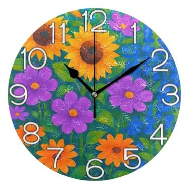 Imagem de Relógio de parede analógico decorativo para escritório, cozinha, redondo, sem tique-taque, silencioso, retrô, moderno, art déco, girassóis de jardim coloridos vibrantes, 25 cm, ponteiros pretos