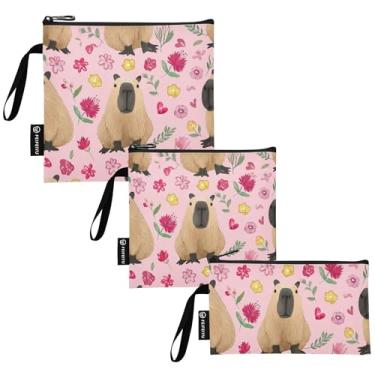 Imagem de TSENQUE Lindas flores de capivaras rosa reutilizável bolsa de lanche e sanduíche bolsas de almoço com zíper de segurança alimentar laváveis para estudantes (pacote com 3: P/M/G)