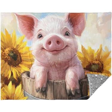 Imagem de TSENQUE Mantas personalizadas de porco e girassol para sofá xadrez mais macias para sofá-cama 177,8 cm x 139,7 cm cobertores engraçados engraçados