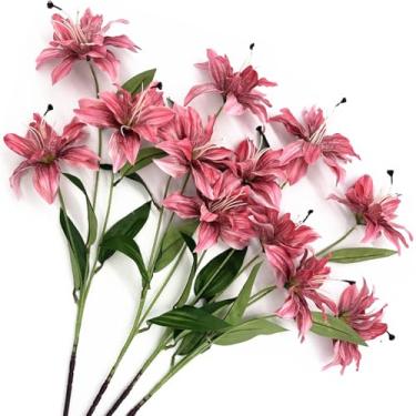 Imagem de Flores de lírio artificiais, flor de seda, hastes longas, pacote com 4, pacotes falsos de lírios de tigre artificiais, planta floral para buquê de casamento, casa, hotel, escritório, vaso, arranjo de
