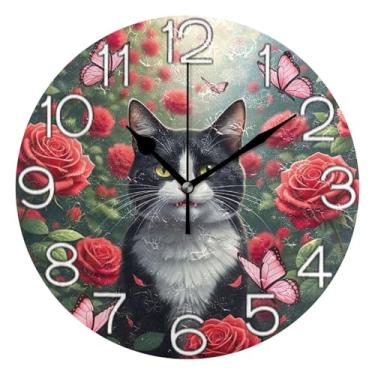 Imagem de Relógio de parede decorativo analógico para sala de aula, escritório, operado por bateria, silencioso, moderno, decoração de parede, gato fofo, rosas vermelhas, 25 cm, ponteiros pretos