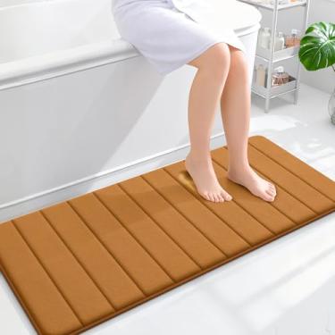 Imagem de OLANLY Tapetes de banheiro longos listrados de espuma viscoelástica 119 x 50 cm, tapete de banho absorvente super macio, secagem rápida, tapetes de chuveiro laváveis na máquina, tapete de banho