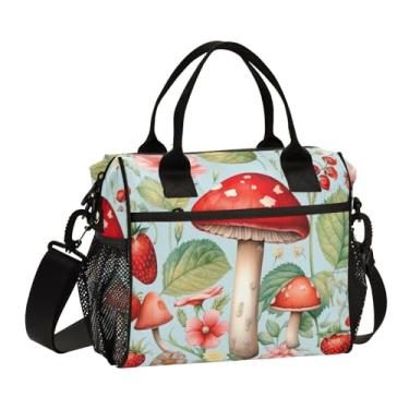 Imagem de GAIGEO Lancheira isolada de flores e cogumelos morangos com alças, lancheira de tamanho médio, lancheiras para mulheres isoladas, M