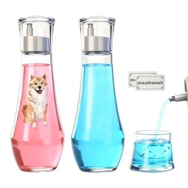 Imagem de LGURT Dispensador de enxaguante bucal de vidro, frasco de 255 g com tampa de copo, dispensador de enxaguante bucal recarregável, pequeno decantador transparente para bancada de banheiro, conjunto de 2