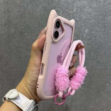 Imagem de Capa magnética transparente com cordão fofo de gato 3D para iPhone 16, 15, 14, 13, 12 ProMax Plus 11, pulseira transparente, rosa, para iPhone 13 ProMax