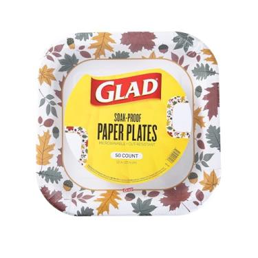 Imagem de Glad Pratos de papel descartáveis para uso diário com design de folhagem caindo | Pratos de papel resistentes a cortes e micro-ondas para todos os alimentos e uso diário | 25 cm, 50 unidades