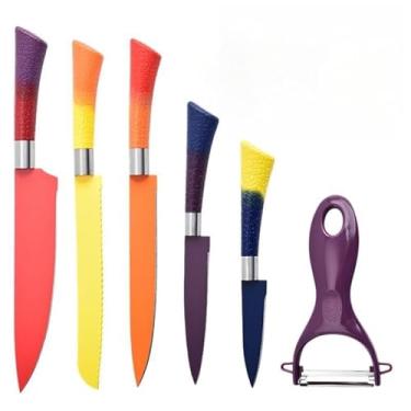 Imagem de Conjunto de Facas Coloridas com Revestimento Antiderrapante, 6 Peças, Inclui Descascador, Multicolorido