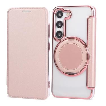 Imagem de Capa carteira para Samsung Galaxy S23 com 3 compartimentos para cartão, bloqueio RFID, suporte de anel giratório de 360° e compatibilidade magnética, capa traseira transparente à prova de choque