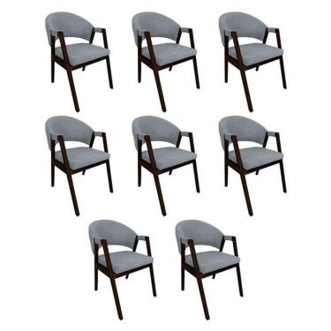 Imagem de Kit 8 Cadeiras De Jantar Madeira Maciça Helen Impermeável Castanho Cinza Linho