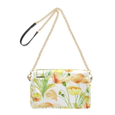 Imagem de Joitme Bolsa feminina amarela floral com flores em aquarela bolsa tiracolo para celular linda alça de corrente de couro PU bolsa de ombro