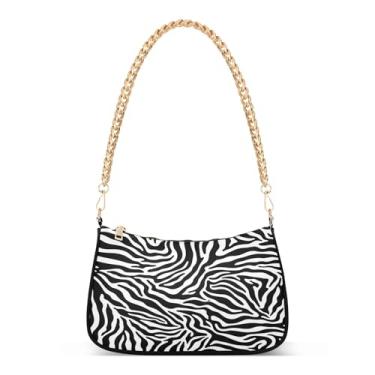 Imagem de Bolsa de ombro com corrente de listras de zebra preta e branca, bolsa feminina Hobo, bolsa média moderna para uso diário e noturno