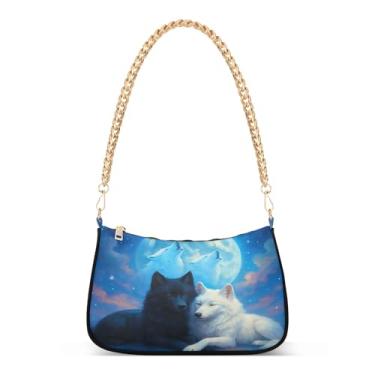 Imagem de Bolsa de ombro com corrente de lobo preto e branco com estampa artística Hobo para uso diário e noturno