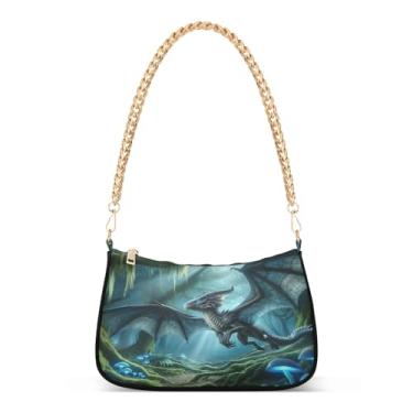 Imagem de Fantasia Dragon Forest Bolsa de ombro azul-petróleo, bolsa de mão Hobo artística para mulheres, bolsa de mão moderna para noite