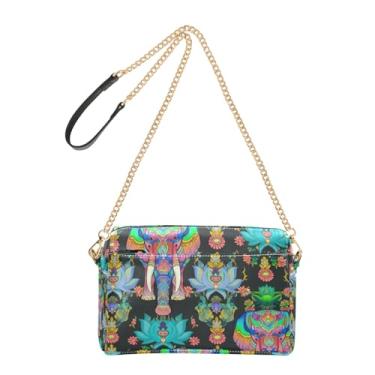 Imagem de Joitme Elefante ornamentado intrincado colorido bolsa tiracolo bolsa para celular bolsa de ombro de couro PU com alça de corrente