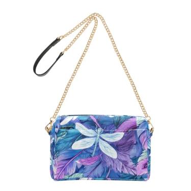 Imagem de Joitme Bolsa feminina transversal para celular linda aquarela folhas libélula roxa couro PU alça corrente