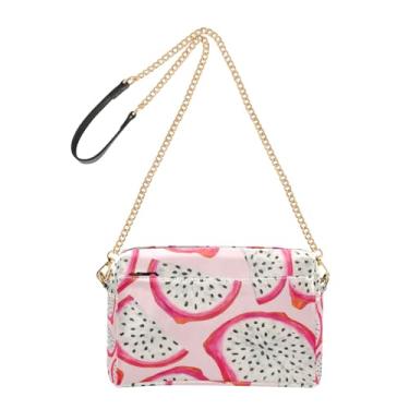 Imagem de Joitme Bolsa feminina transversal em aquarela com fatias de fruta do dragão rosa bolsa de ombro de couro PU com alça de corrente