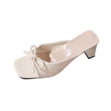 Imagem de Moda feminina casual primavera e verão estilo confortável cor sólida laço bico quadrado bico aberto um pé salto grosso salto alto, Branco, 35