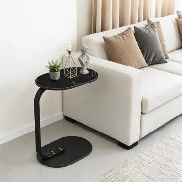 Imagem de Cozy Villa Mesa de canto em forma de C, mesa lateral pequena para sofá, mesa de sofá para sala de estar, quarto, cabeceira, acabamento em mármore de madeira, mesa de 61 cm de altura com moldura de