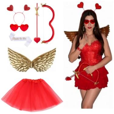 Imagem de LDFWAY Conjunto de 7 peças de fantasia de Cupido de Halloween para mulheres, kit de acessórios de cupido inclui saia tutu, conjunto de arco e flecha de cupido, asas, faixa de cabeça de coração, óculos