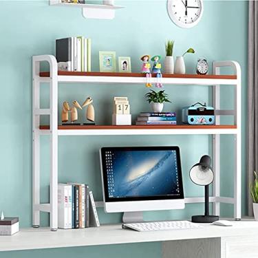 Imagem de Estante de mesa de 2 camadas para mesa de computador - estante de mesa de computador de madeira e metal, estante de mesa ajustável, estante de mesa, prateleira de exibição de armazenamento aberta para