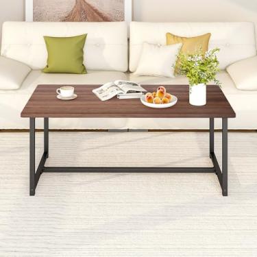Imagem de Mesas de centro para sala de estar, mesa central retangular com moldura de metal, mesa de centro moderna de madeira, fácil montagem, nogueira para casa de fazenda