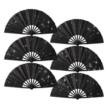 Imagem de Haploon 6 peças de leque de mão preto dobrável com glitter grande ventilador de mão grande ventilador dobrável icônico ventilador renascentista para mulheres homens festa festival concerto decorações