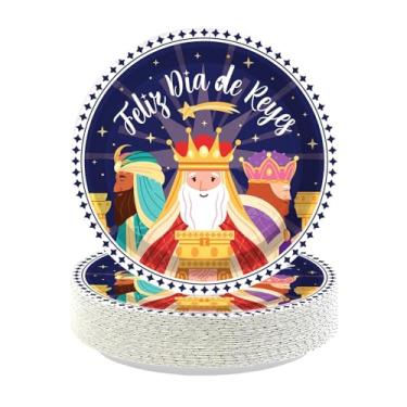 Imagem de Greencian 50 peças de pratos de papel Feliz Dia de Reyes 23 cm, pratos de sobremesa, descartáveis, três homens sábios, suprimentos de festa para Natal, estrela, Jesus, Dia do Nascimento dos Reis