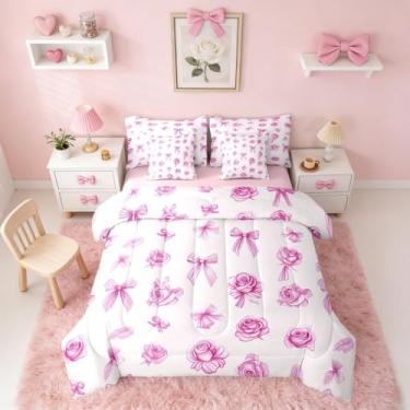 Imagem de Erosebridal Conjunto de cama casal rosa rosa com laço de coquete em uma bolsa para crianças, meninas, decoração de gravata borboleta, edredom com lençol de princesa