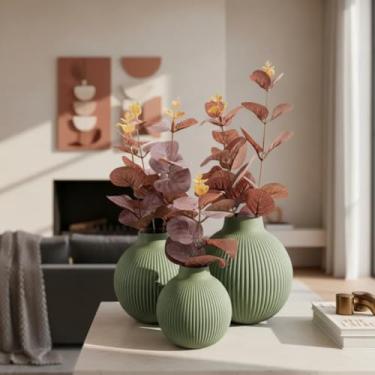 Imagem de Trio De Vasos Decorativos Com Flores de eucalipto Artificial Toque Real (Vaso VERDE/Folha VERMELHA)
