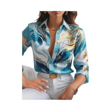 Imagem de Camisa feminina estampada com decote em V e botão de manga comprida so