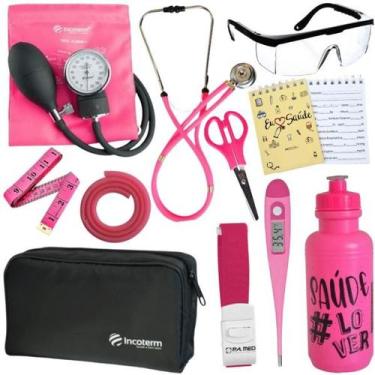 Imagem de Kit Enfermagem Estágio Aparelho Pressão Estetoscópio - INCOTERM, ROSA 