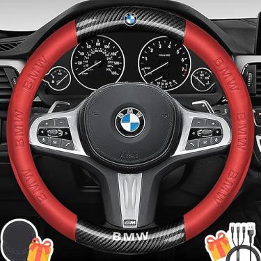 Imagem de Capa de volante compatível com BMW, couro napa premium e textura de fibra de carbono brilhante capa de volante com 2 porta-copos e cabo USB de carregamento rápido (vermelho)