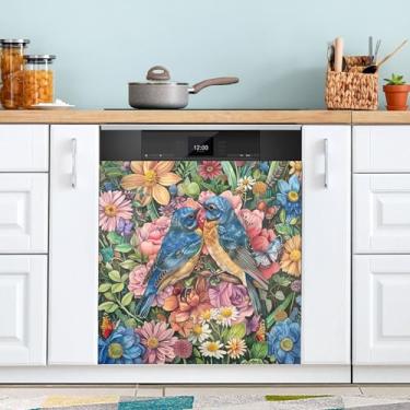 Imagem de SEHANY Aquarela Bluebirds capa magnética para lava-louças, adesivos magnéticos decorativos antiarranhões para painel de geladeira e lava-louças, decoração de flores de fazenda de cozinha doméstica 58