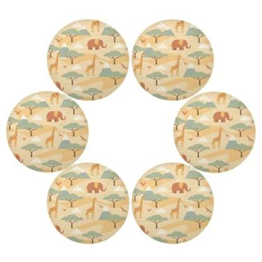 Imagem de Wassud Jogo americano conjunto de 6 tapetes de mesa redondos de montanha girafas elefantes para cozinha e jantar tapetes laváveis resistentes ao calor para decoração de mesa 39 cm