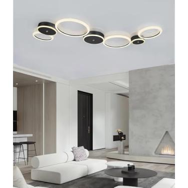 Imagem de Luminária de teto LED moderna para interiores, com intensidade regulável, ideal para sala de estar, quarto, sala de jantar e escritório (preta, 7 anéis).