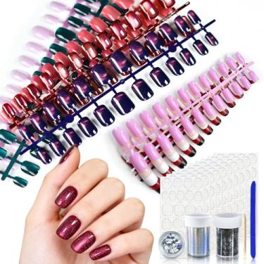 Imagem de 10 unidades de unhas curtas de pressão, cores mistas, vermelho, roxo, roxo, salão de beleza, vermelho, azul, rosa, olho de gato, unhas de presente diário para mulheres e meninas com abas adesivas