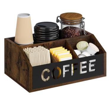 Imagem de YINMIT Organizador de mesa de café para bancada, organizador de café de madeira com divisórias removíveis para cápsulas, xarope, xícaras, agitador, chá - acessórios de bar de escritório (folha de