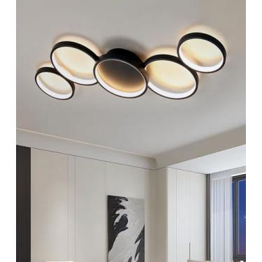 Imagem de Luminária de teto LED moderna com 5 anéis, 55W, dimerizável continuamente com controle remoto, mudança de cor de 2700K a 6000K, ideal para quarto, sala de estar, quarto infantil, escritório