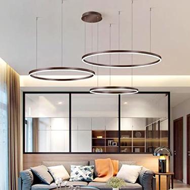 Imagem de Luminária pendente LED com 3 anéis, dimerizável, para sala de estar, mesa de jantar, lustre moderno com controle remoto, em metal alumínio, altura ajustável, para quarto, cozinha e teto, mar