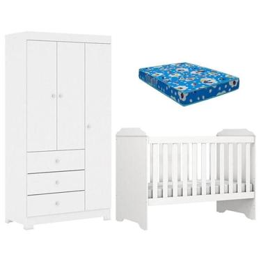 Imagem de Berço Americano Mini Cama Mel E Guarda Roupa Duda 3 Portas Branco Brilho Colchão - Phoenix Baby