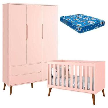 Imagem de Berço Americano e Guarda Roupa Theo 3 Portas Rosa Pés Amadeirados com 