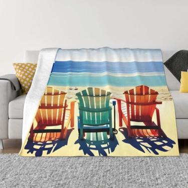 Imagem de Cobertor de viagem macio e divertido com estampa de cena de praia com cadeiras, cobertor de sofá e cama, adequado para sofás e camas.