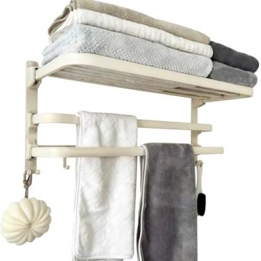Imagem de Kolovbe Toalheiro de 61 cm Prateleira para banheiro, armazenamento de toalha dobrável montado na parede com 2 barras de toalha 9 ganchos, suporte de toalha moderno à prova de ferrugem com prateleiras
