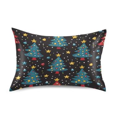 Imagem de Blueangle Fronha de cetim com desenho animado de árvores de Natal para cabelo e pele, fronha de seda, tamanho Queen (50,8 x 76,2 cm) - Capas de almofada de cetim refrescantes com fecho de envelope