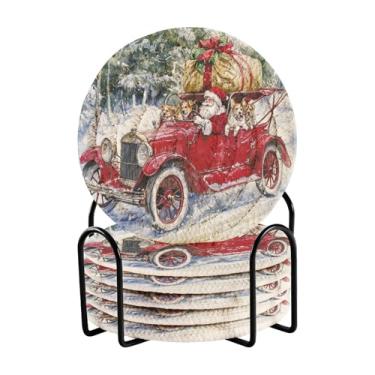 Imagem de Blueangle 6 peças de porta-copos de carro vermelho vintage para bebidas, porta-copos de tecido redondo super absorvente para mesa de café, proteção de mesa para decoração de casa (361)