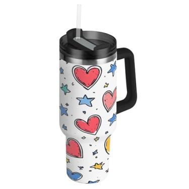 Imagem de ATTX Copo de corações vermelhos de 1,134 g com alça, copo de aço inoxidável a vácuo de parede dupla com palha, caneca de café de viagem isolada #143