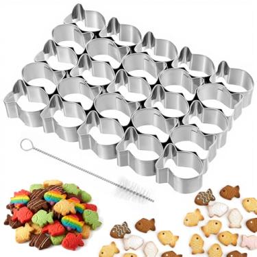 Imagem de Thinp Cortador de biscoito dourado com 25 cavidades em forma de peixe para assar mini cortadores de biscoito de aço inoxidável com escova de limpeza, molde para massa antiaderente, faça você mesmo
