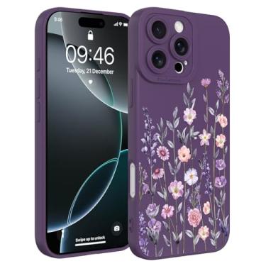 Imagem de Fsoole Capa projetada para iPhone 16 Pro, linda estampa floral de silicone líquido, capa protetora de TPU macio para mulheres e meninas, roxo escuro