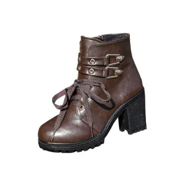 Imagem de Botas femininas modernas casuais estilo britânico cano curto cor sólida bico quadrado redondo cadarço salto grosso cano médio botas de tornozelo, Café, 35