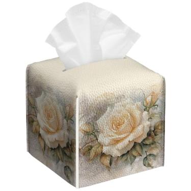 Imagem de Pacote com 2 caixas de lenços vintage rosa branca quadrada floral couro PU suporte organizador de papel facial à prova d'água para banheiro, cozinha, casa, escritório, carro